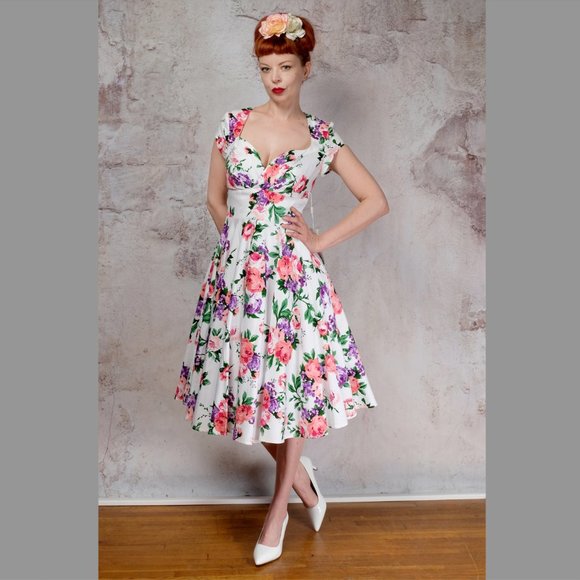 SOLD White and Pink Floral Rockabilly Dress - Picture 5 of 6